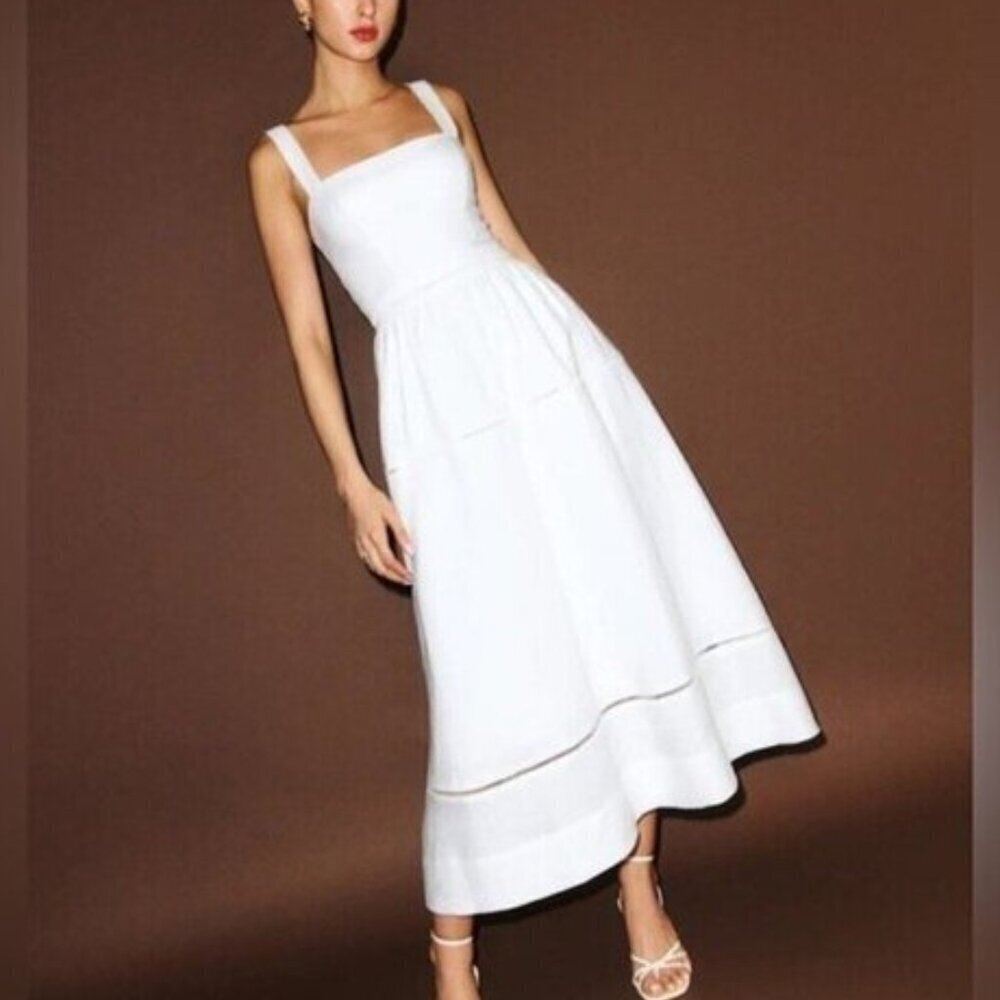NEW Reformation Everett Linen Midi Dress White | US 2 UK 6